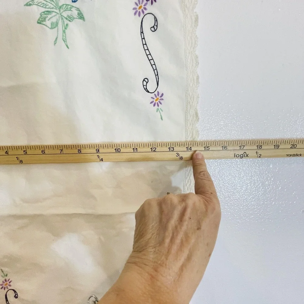 Hand Embroidered Floral Cotton Table‎ Runner Crochet Edge White Multicolor Decor